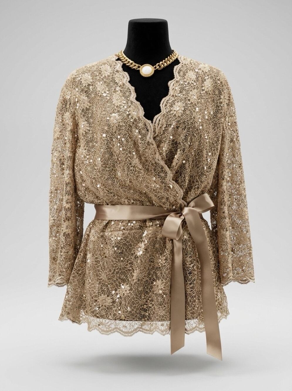 Alex Evenings 2X Champagne Sequin Lace Wrap Blouse Plus Size